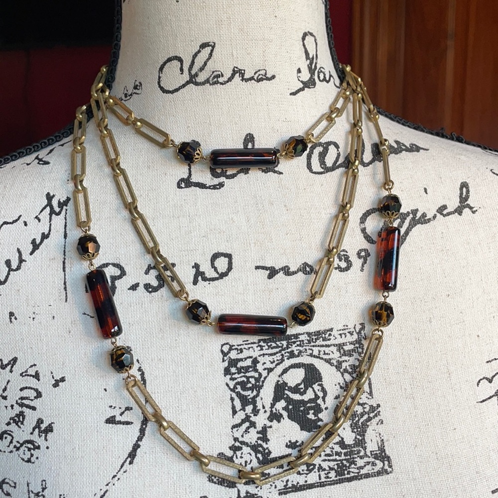 Miriam Haskell VTG 60” Russian gold and amber color beaded necklace